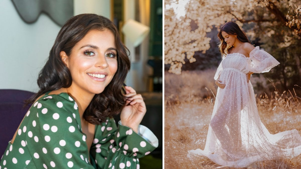 Tvådelad bild på Nicole Falciani med gravidmagen.