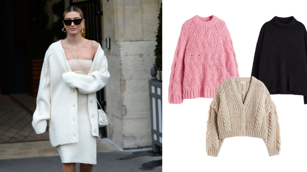 Tvådelad bild på Hailey Bieber och stickade tröjor från H&M.