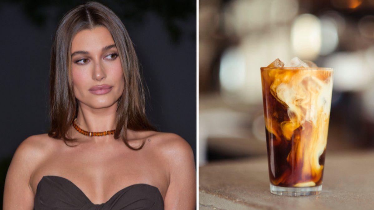 Tvådelad bild på Hailey Bieber och kaffelatte.
