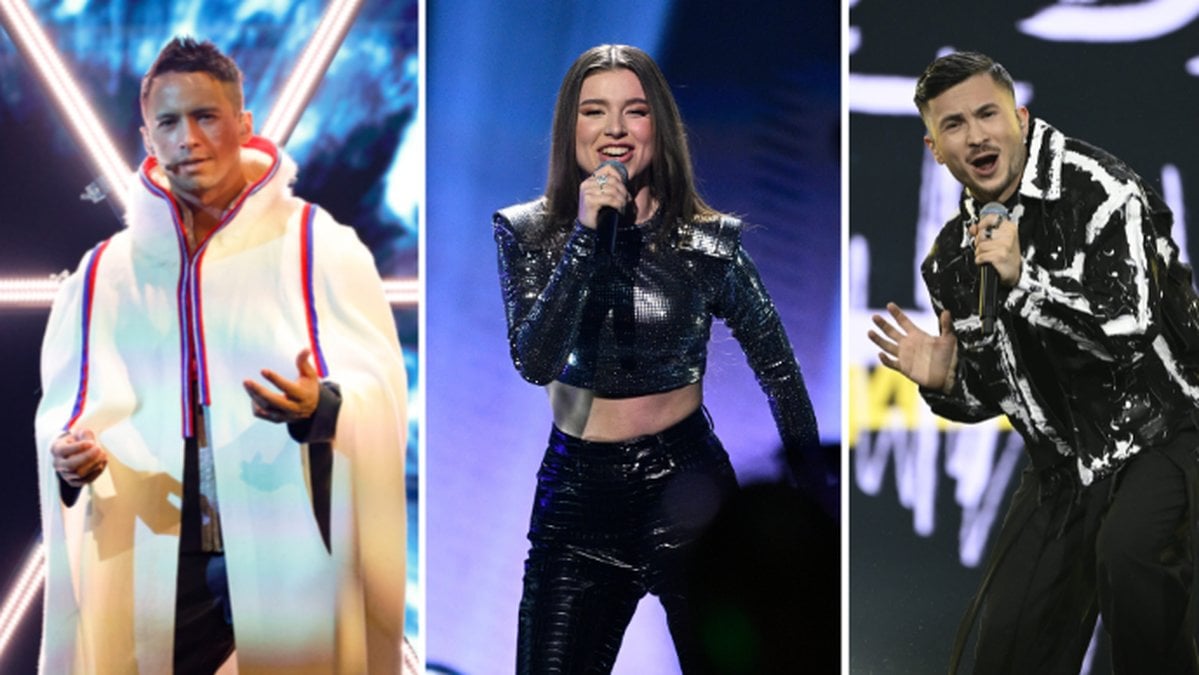 Jon Henrik Fjällgren, Maria Sur och Paul Rey i Melodifestivalen 2023.