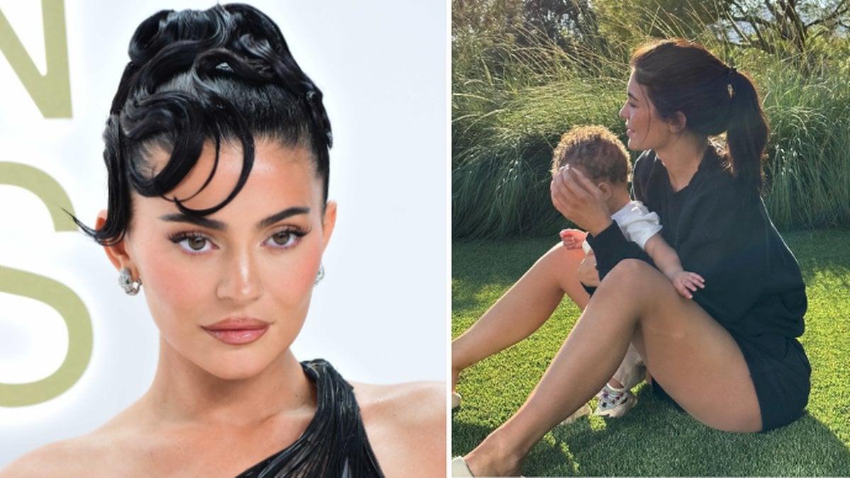 Tvådelad bild på Kylie Jenner och sonen Aire Webster.