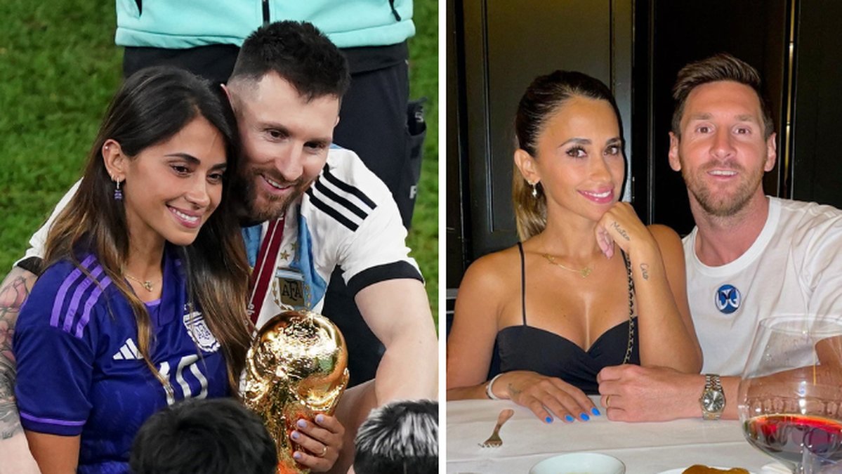 Tvådelad bild på Antonella Roccuzzo och Lionel Messi. 