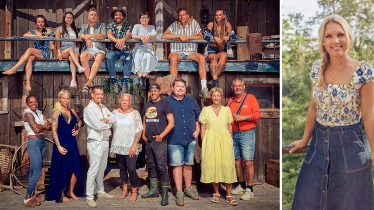 Tvådelad bild på Farmen-deltagarna 2023 och programledaren Anna Brolin.