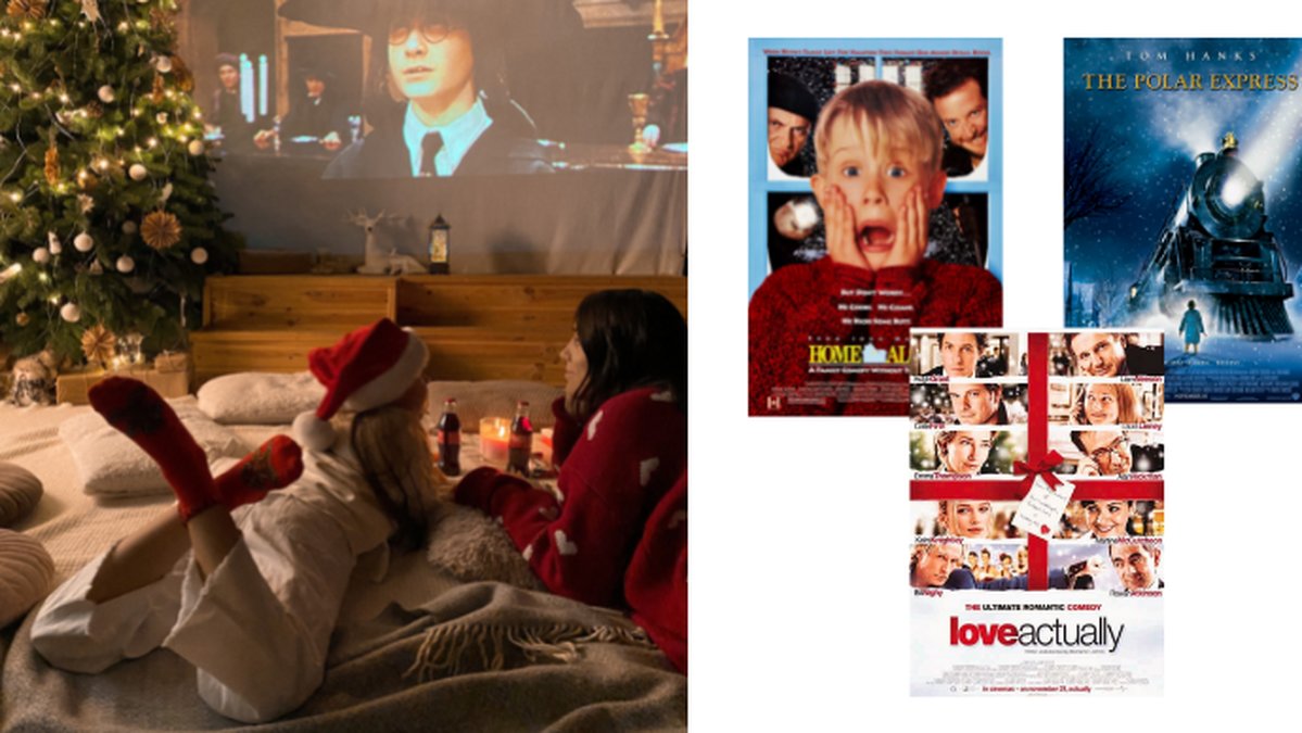 Tvådelad bild på människor som tittar på julfilm och omslag.