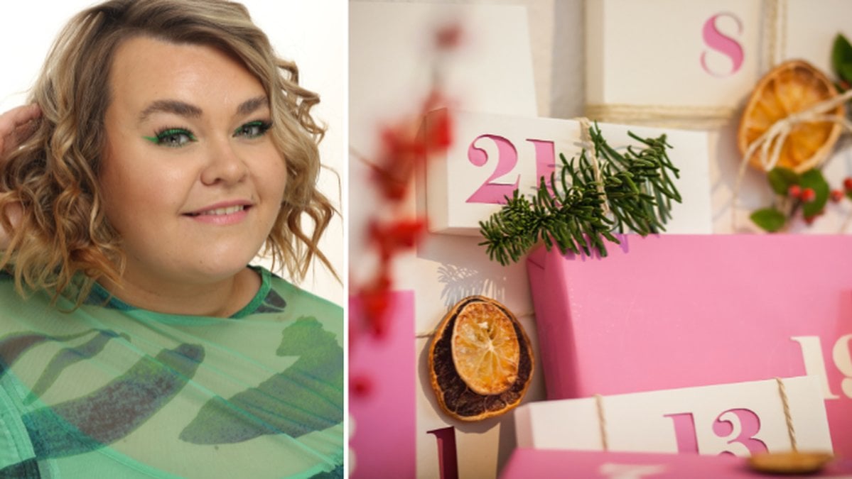 Tvådelad bild på Margareta Grääs och en adventskalender.
