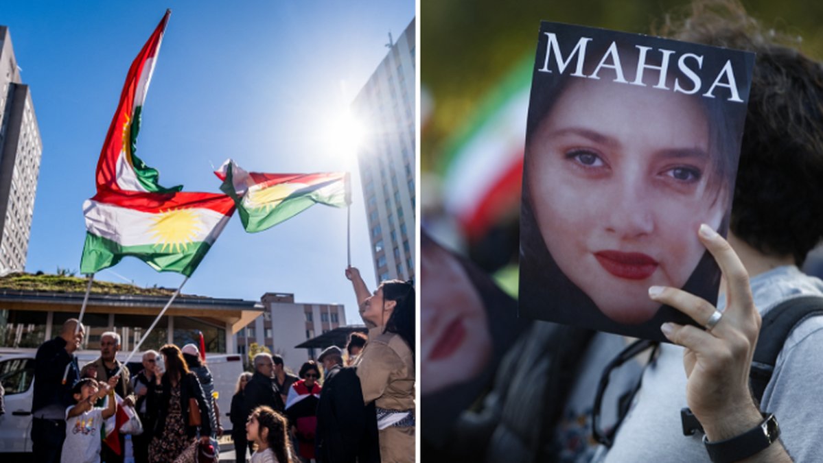 Tvådelad bild på prostester. Irans flagga och Mahsa Amini. 