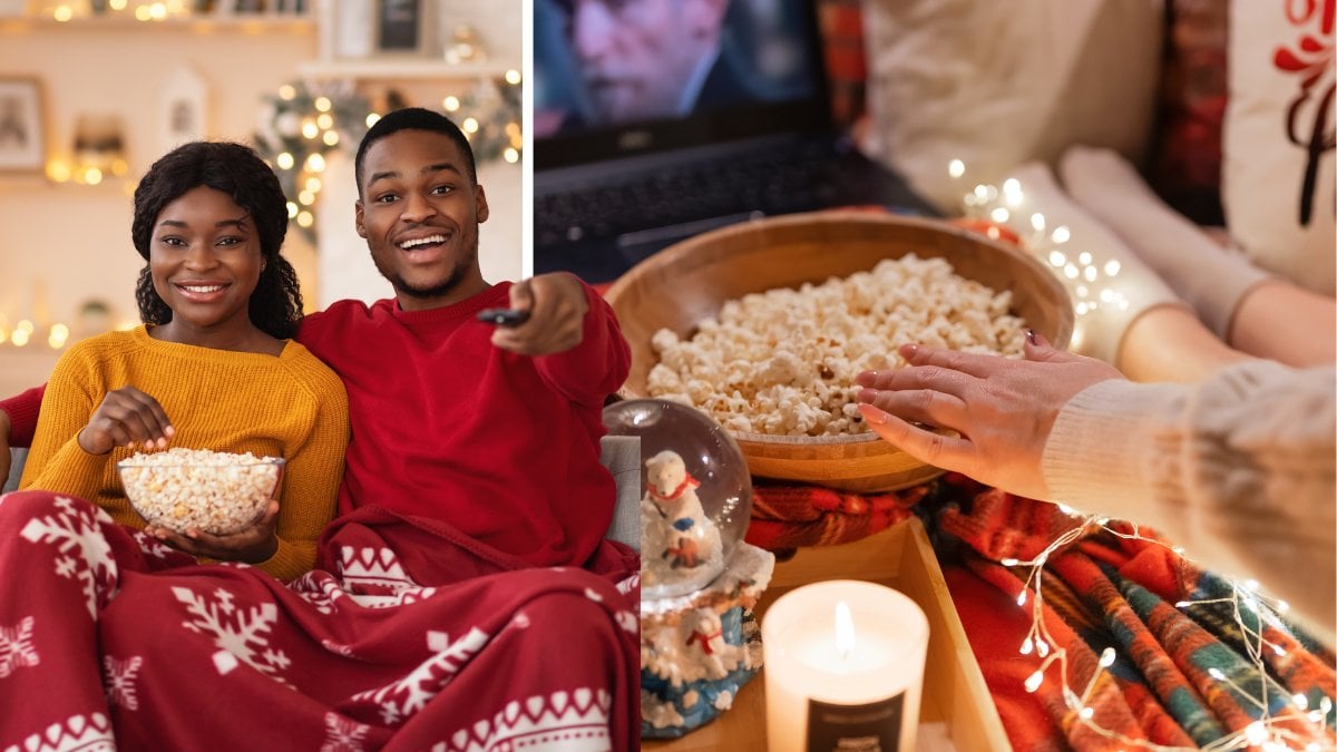Par som kollar julfilm med popcorn och juldekor