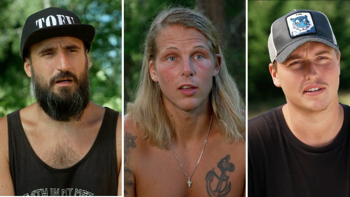 Artin Ghookassi, Viktor Bergström och Christoffer Hammarlöf i Farmen 2023. 