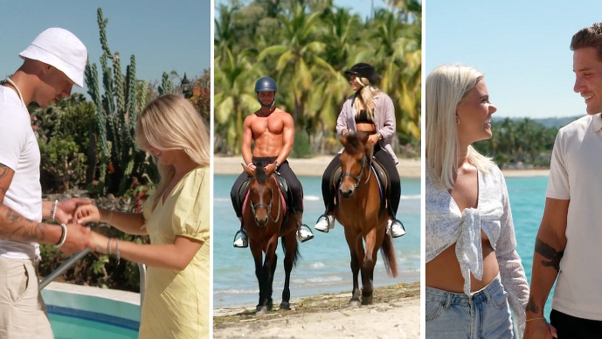 Emil Renmarker och Frida Hartman, Andreas Deak och Nicci Hernestig samt Adrian Podde och Celine Axman i Love island Sverige 2023. 